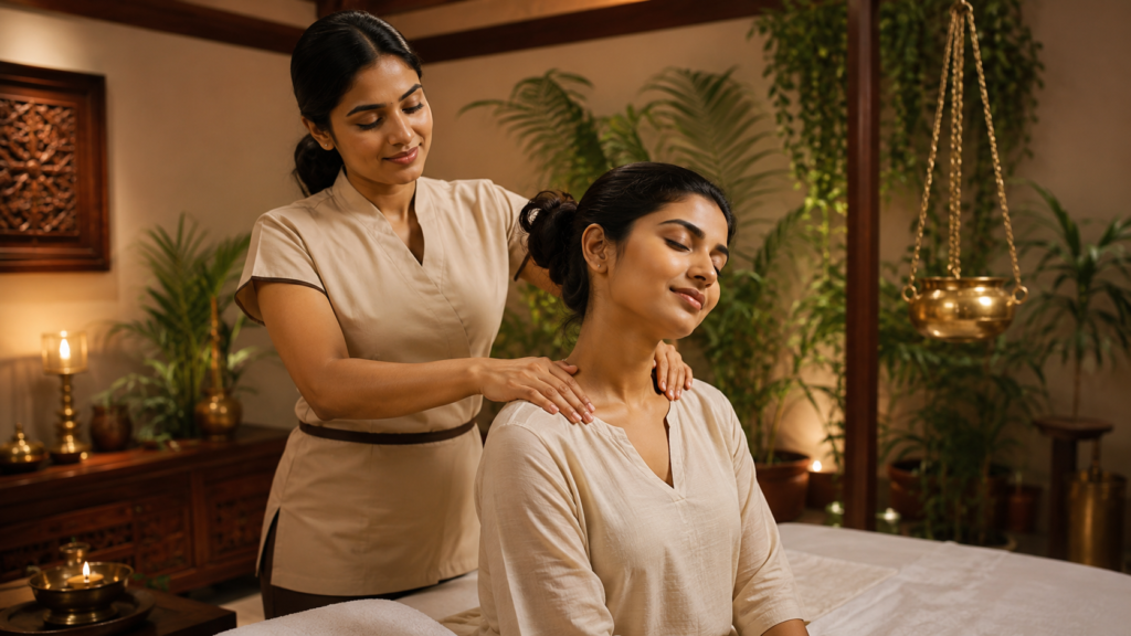 Young woman receiving a relaxing wellness massage at Manthramed Wellness in Ettumanoor, Kottayam